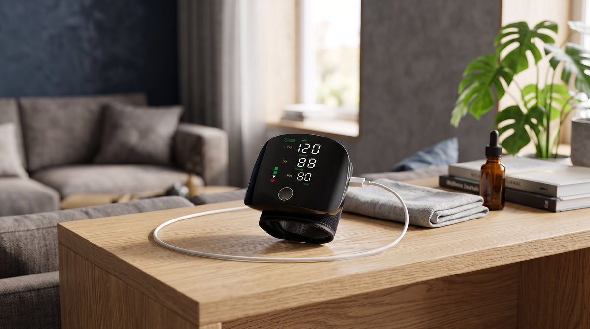A black digital blood pressure monitor with a connected cuff sits on a wooden table in a modern living room setting.