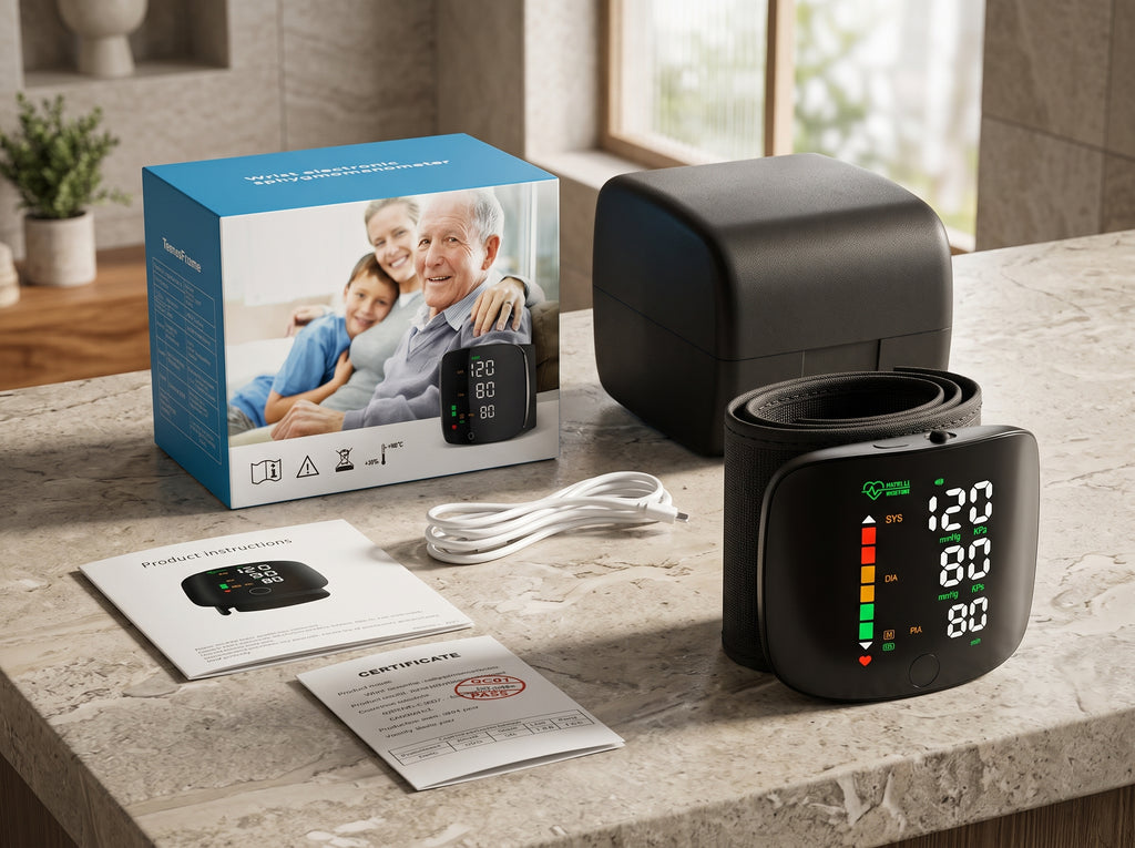 A digital wrist blood pressure monitor set displayed on a stone countertop, including the black cuff device, its blue-and-white retail box, a white cable, and printed paperwork. The background shows a softly blurred kitchen interior with a window.