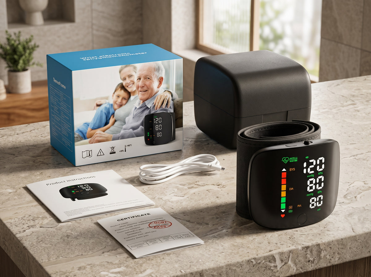 A digital wrist blood pressure monitor set displayed on a stone countertop, including the black cuff device, its blue-and-white retail box, a white cable, and printed paperwork. The background shows a softly blurred kitchen interior with a window.