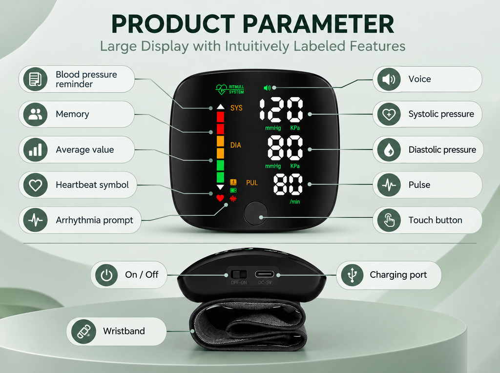 An infographic diagram showing the features and parameters of a blood pressure monitor. The central subject is a black digital blood pressure monitor displaying readings, surrounded by callout lines labeling features such as blood pressure reminder, memory, average value, heartbeat symbol, voice, systolic pressure, diastolic pressure, pulse, and touch button.
