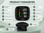An infographic diagram showing the features and parameters of a blood pressure monitor. The central subject is a black digital blood pressure monitor displaying readings, surrounded by callout lines labeling features such as blood pressure reminder, memory, average value, heartbeat symbol, voice, systolic pressure, diastolic pressure, pulse, and touch button.
